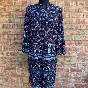 NWT - WHBM White House Black Market Black and Blue Bell Sleeve Knee-Length Dress